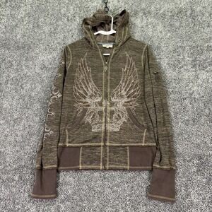 Miss Me Sweatshirt Womens Medium Brown MM Unplugged Rhinestone Wings Hooded